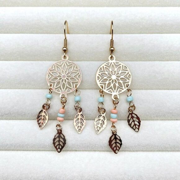 Yellow Gold with Green and Peach Beaded Boho Style Dream Catcher Hook Earrings - Picture 3 of 8